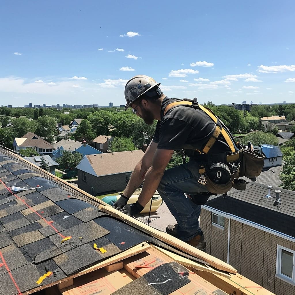 A photo of a roofer from Manitoba Roofers installing a new roof on a residential house in Winnipeg during summertime