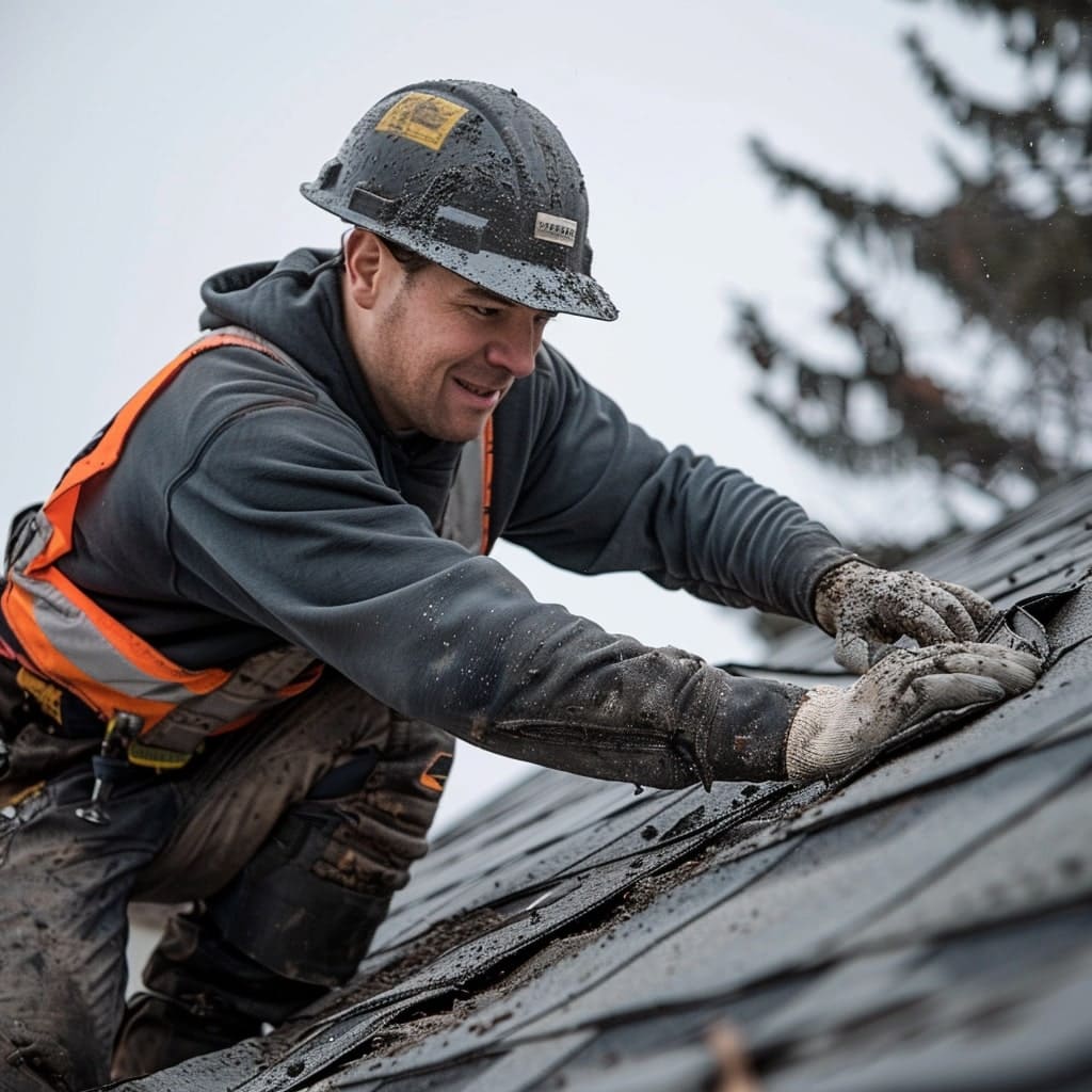 A close-up shot focusing on the focused expression of a roofer as they replace damaged shingles on a Winnipeg roof, with the grey, overcast sky in the background serving as a reminder of the urgency of their task