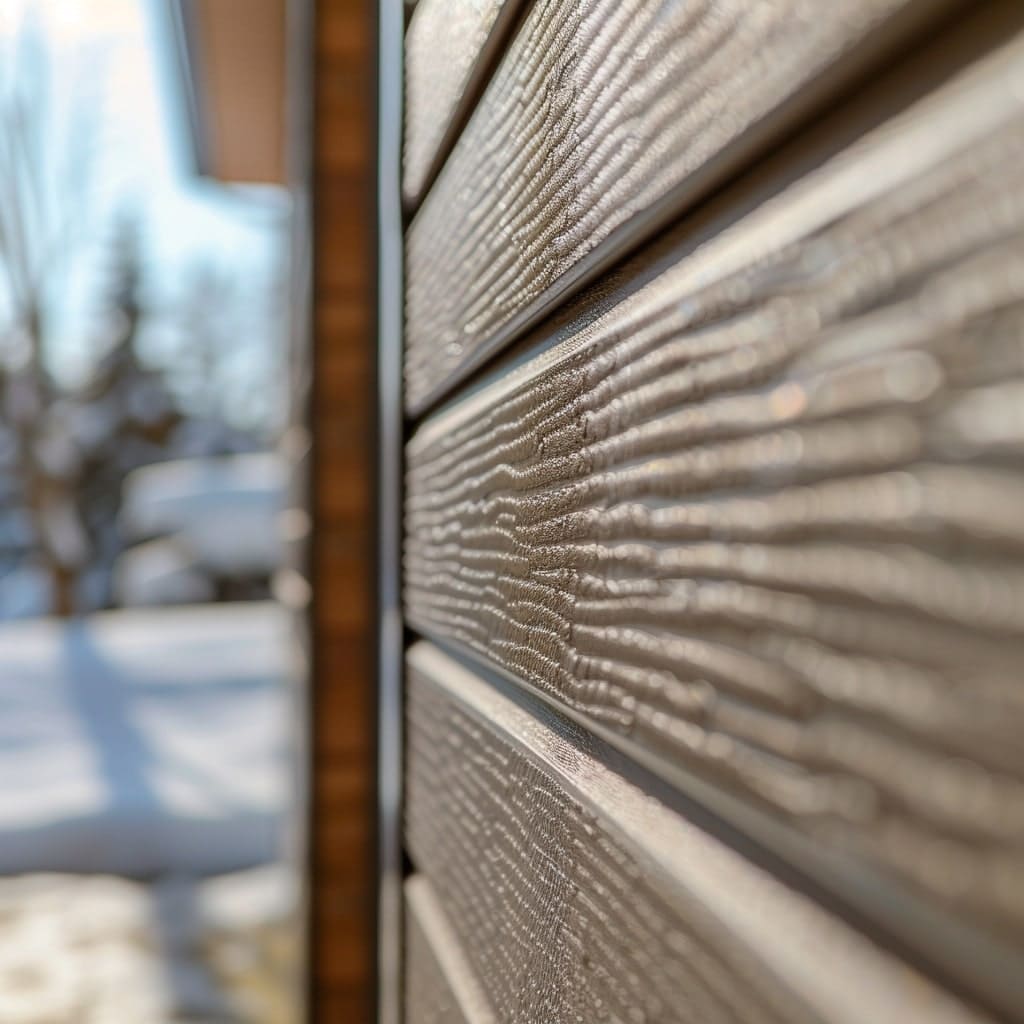 A close-up shot focusing on the intricate details and texture of the new siding on a Winnipeg residence, with a shallow depth of field that accentuates the material's quality and the craftsmanship of the installation