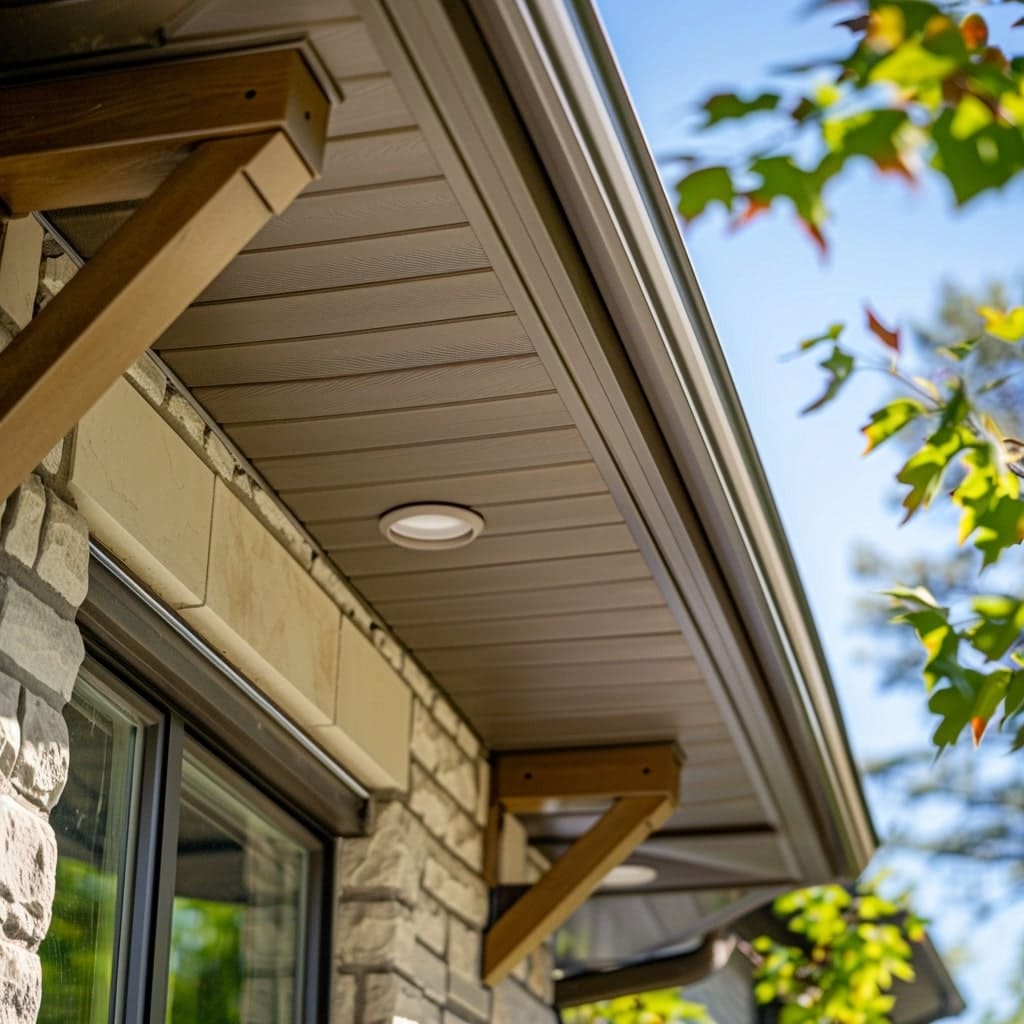A close-up shot focusing on the intricate details of the soffits and fascia on a Winnipeg home, showcasing the quality of materials and workmanship, with summer foliage gently swaying in the breeze