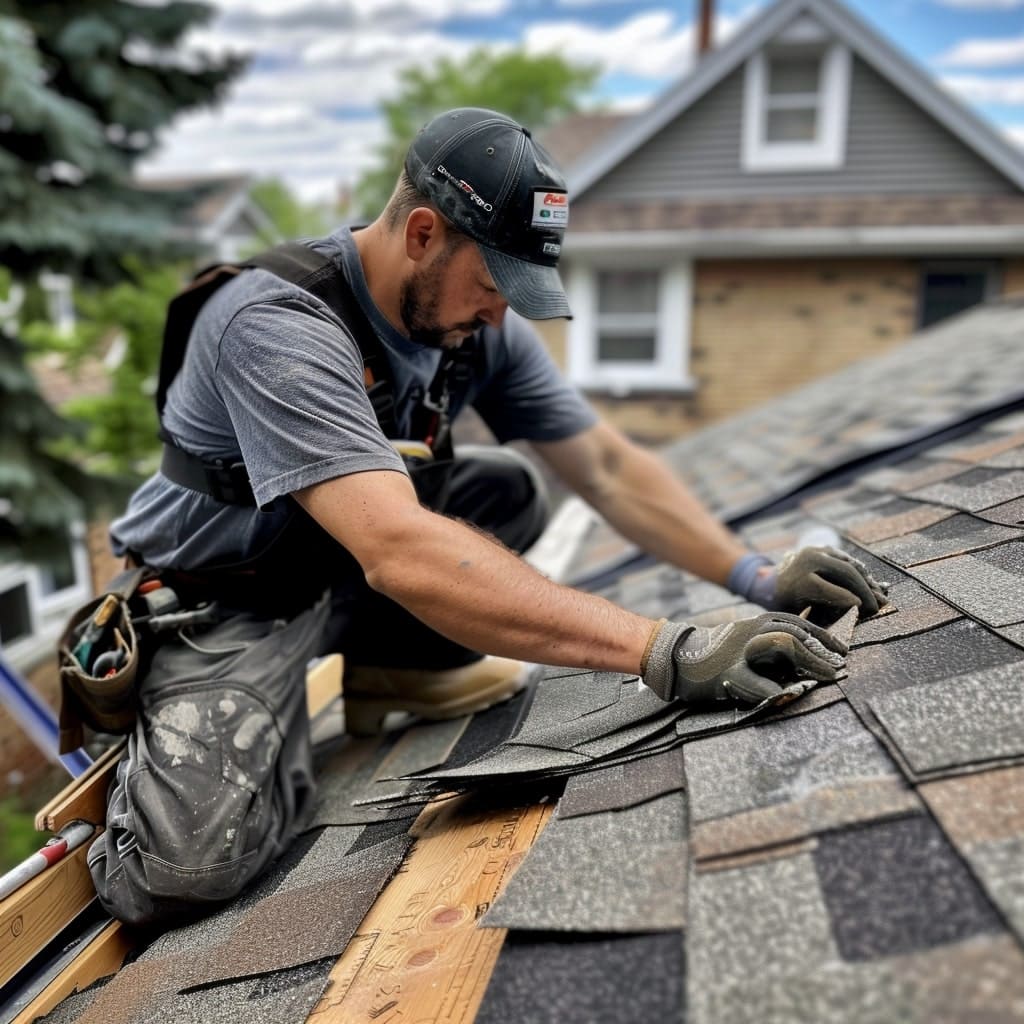 A photo of a roofer from Manitoba Roofers fixing shingles on a roof in Winnipeg