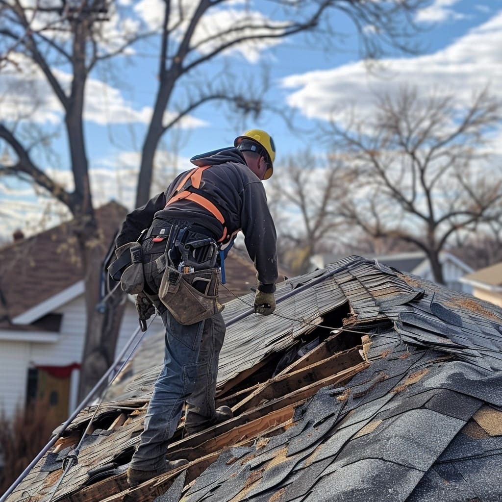 A photo taken from a distance, emphasizing the precarious position of a roofer secured by safety gear as they navigate a steep, damaged roof in Winnipeg, underlining the risks and challenges faced during emergency repairs