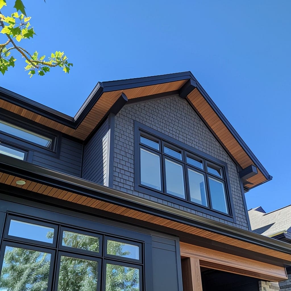 A photo capturing the harmonious integration of new siding on a Winnipeg home with its architectural style, showcasing how the siding complements the house's design elements, with a clear blue sky adding contrast.