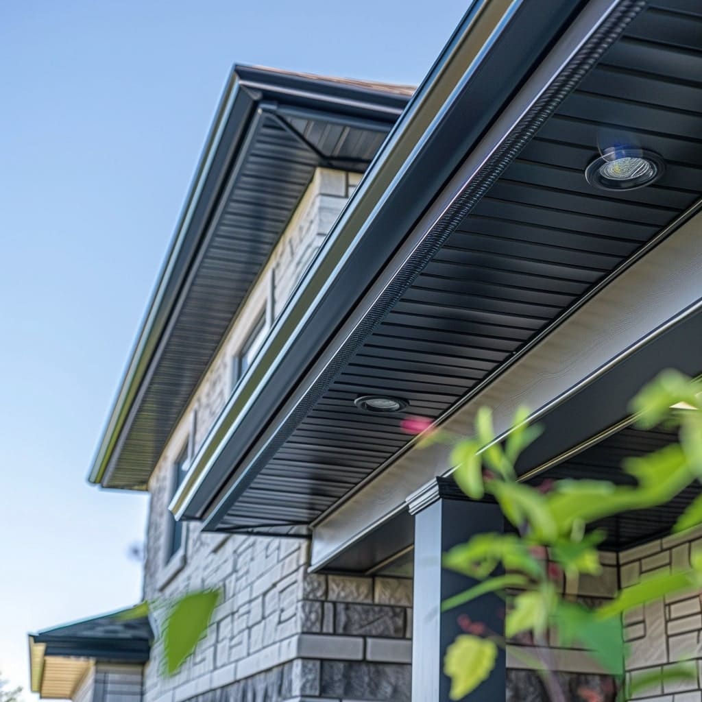 A close-up shot focusing on the intricate details of the soffits and fascia on a Winnipeg home, showcasing the quality of materials and workmanship, with summer foliage gently swaying in the breeze.