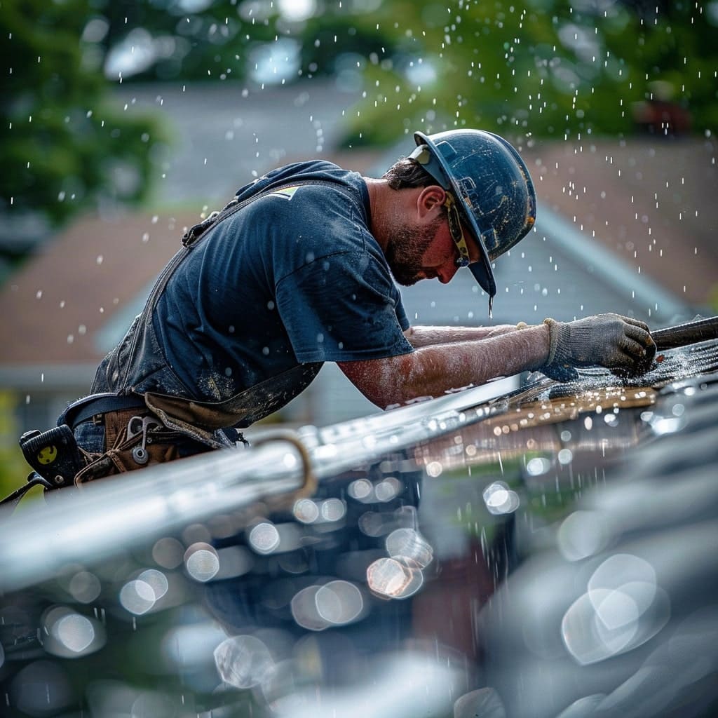 An image capturing a moment of determination as a roofer works to seal a leak on a residential roof in Winnipeg, with raindrops visible in the air around them, highlighting the critical nature of emergency roof repairs