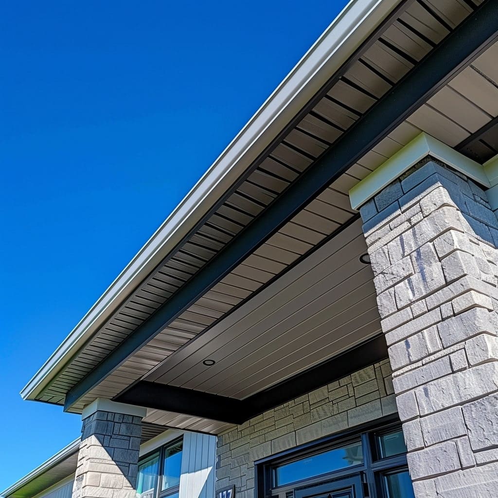 A photo highlighting the clean lines of soffits and fascia on a new house in Winnipeg, with the bright summer sun casting sharp shadows that accentuate the fresh paint and crisp architecture