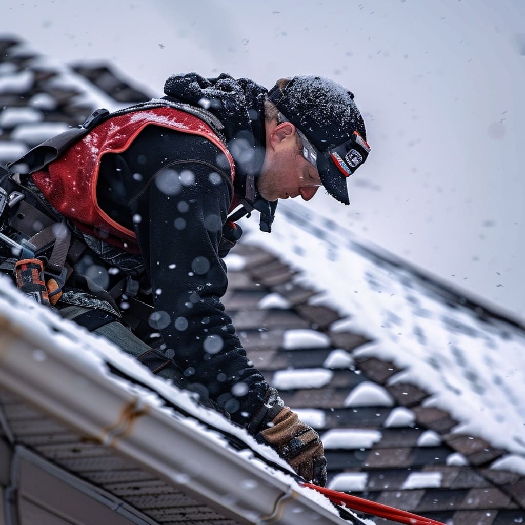 An image showing a roofer braving chilling winds to apply emergency fixes on a Winnipeg home's roof, with snowflakes beginning to fall, showcasing the dedication required in emergency roof repair
