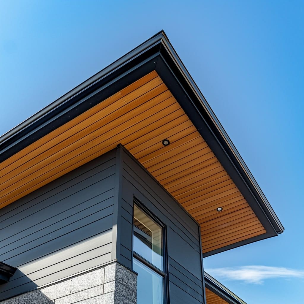 An image capturing the soffits and fascia of a newly constructed home in Winnipeg, set against a backdrop of a clear blue summer sky, emphasizing the precision and care in modern home construction