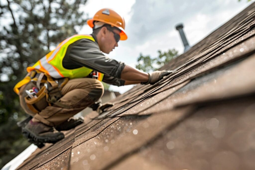 A photo focusing on a roofer clad in safety gear, methodically laying asphalt shingles on a bright day, capturing the blend of safety precautions and skilled labor that goes into protecting homes.