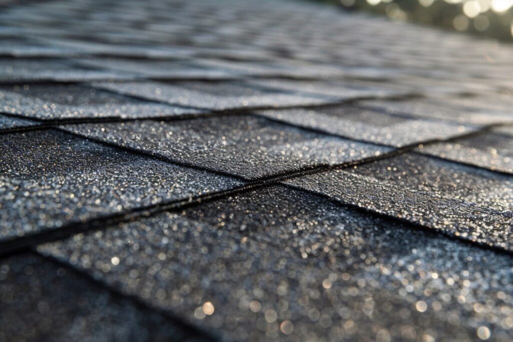 A close up photo of asphalt shingles on a Winnipeg house