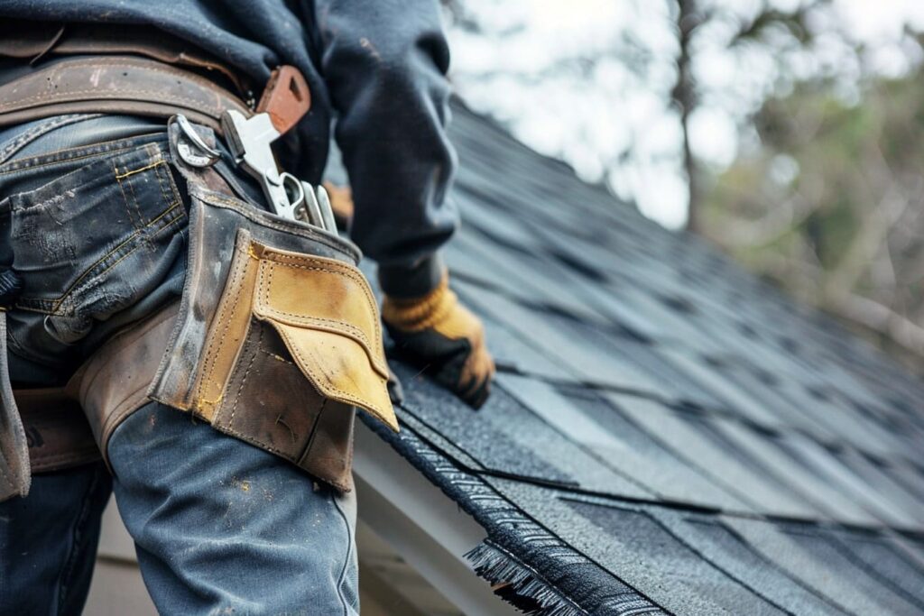 A photo capturing the moment a roofer from Manitoba Roofers, with a tool belt around their waist, expertly installs new asphalt shingles on a residential home, focusing on the precise alignment and secure attachment of each shingle.